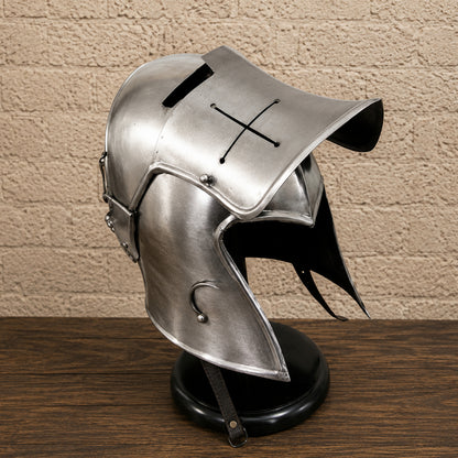 Medieval Barbuta Helmet with Wooden Display Stand – Silver Knight Armor Replica