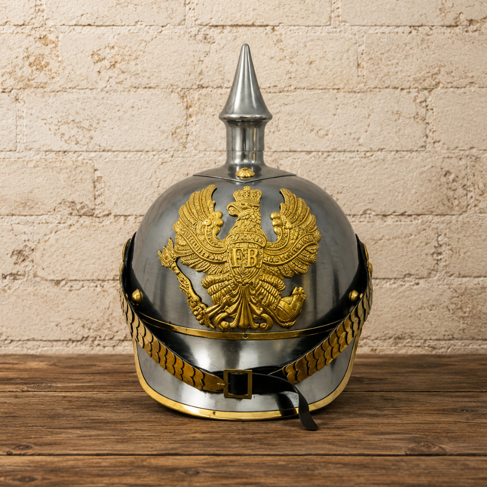 German Pickelhaube Helmet with Wooden Display Stand – Historic Military Replica