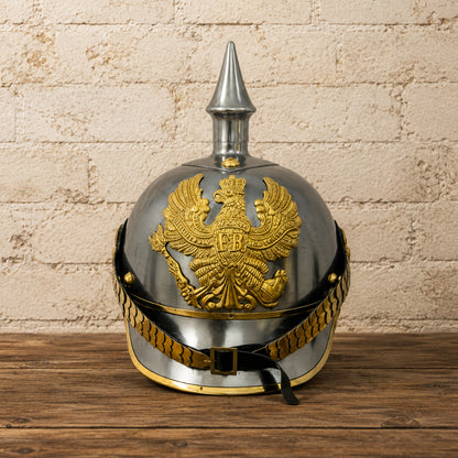 German Pickelhaube Helmet with Wooden Display Stand – Historic Military Replica