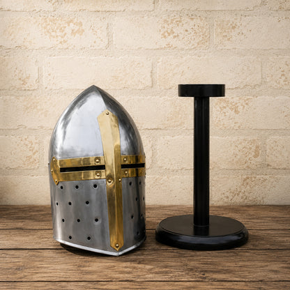 Medieval Sugarloaf Knight Helmet – Steel & Brass Crusader Armor Helmet with Display Stand