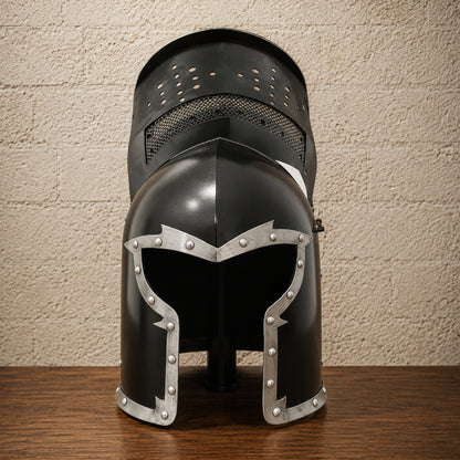 Medieval Barbuta Helmet with Inner Leather Liner & Wooden Display Stand