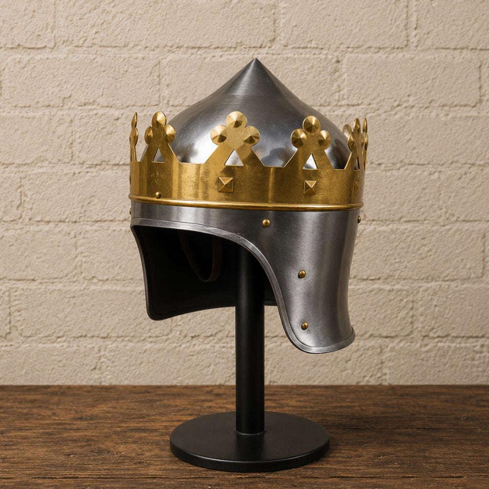 King Richard the Lionheart Helmet with Wooden Display Stand – Medieval Crusader Armor Replica