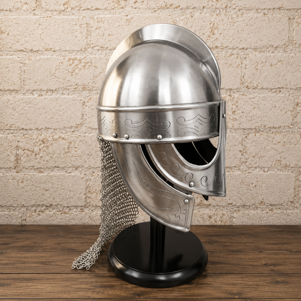 Medieval Knights Templar Barbuta Helmet with Visor and Wooden Display Stand