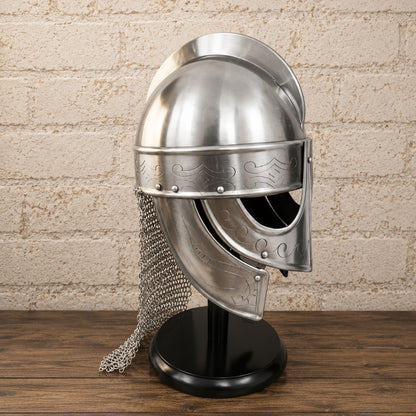 Medieval Knights Templar Barbuta Helmet with Visor and Wooden Display Stand
