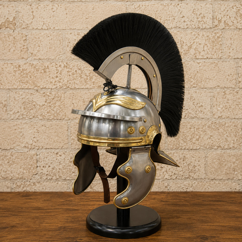 Roman Gladiator Helmet with Black Plume & Wooden Display Stand