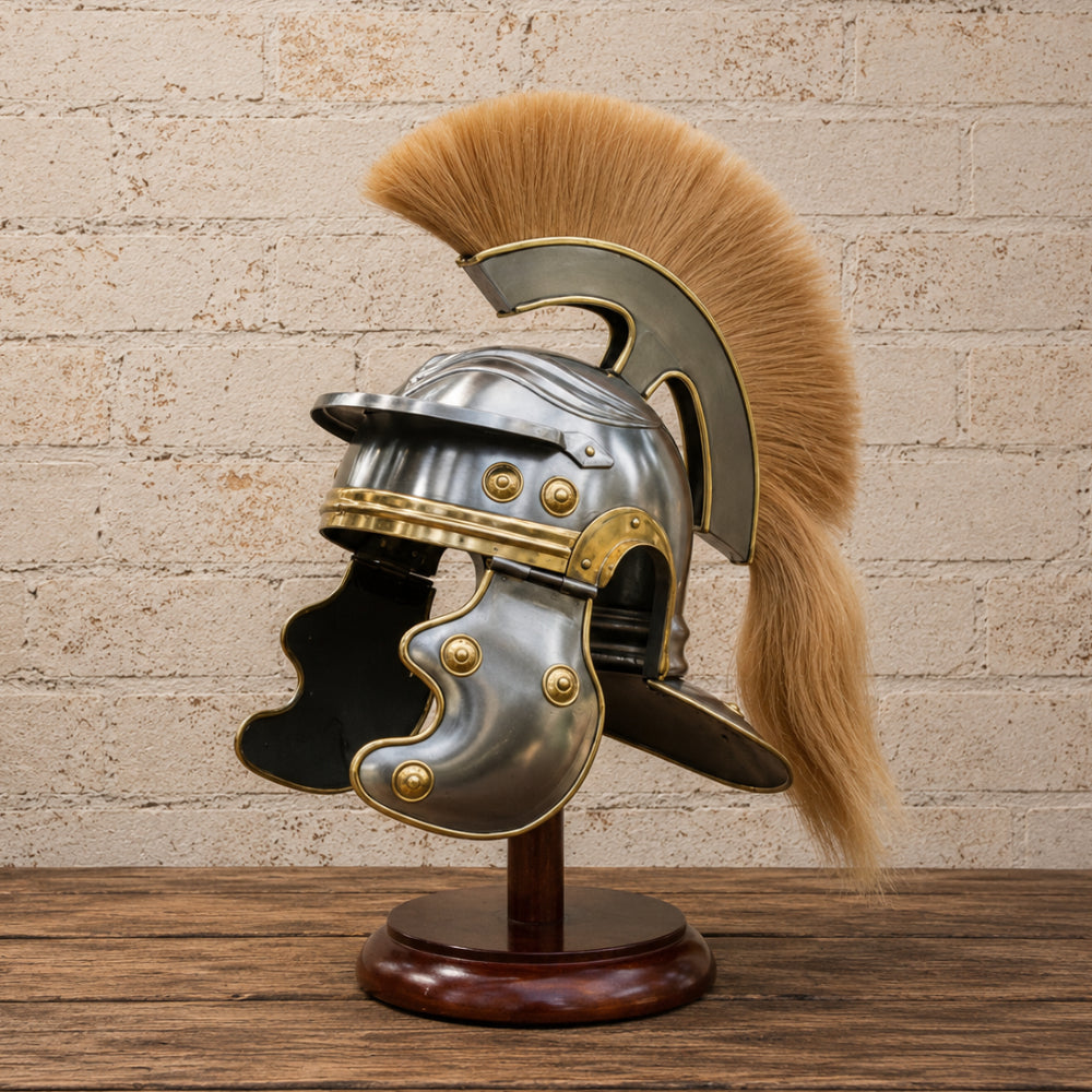 Roman Centurion Helmet with Brown Plume & Complimentary Wooden Display Stand