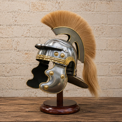 Roman Centurion Helmet with Brown Plume & Complimentary Wooden Display Stand