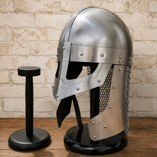 Medieval Raven Viking Helmet with Chainmail Coif & Wooden Display Stand – Norman Knight Armor Replica