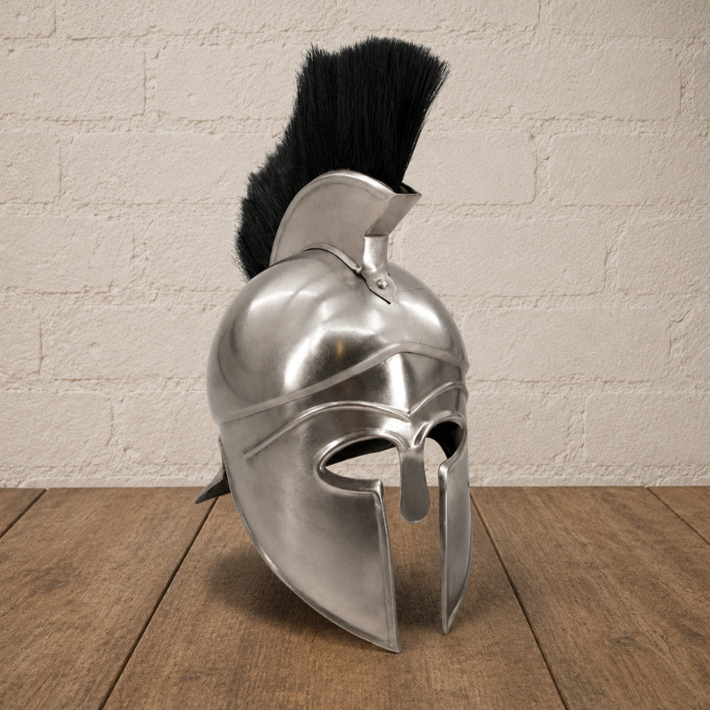 Greek Warrior Helmet with Black Plume & Wooden Display Stand