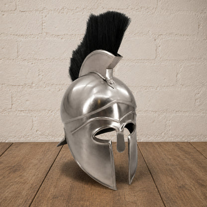 Greek Warrior Helmet with Black Plume & Wooden Display Stand