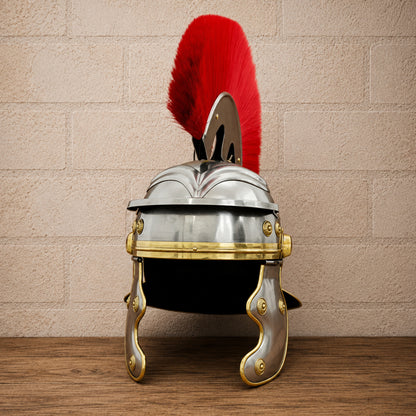 Roman Centurion Helmet with Red Plume – Ancient Roman Warrior Armor with Wooden Display Stand