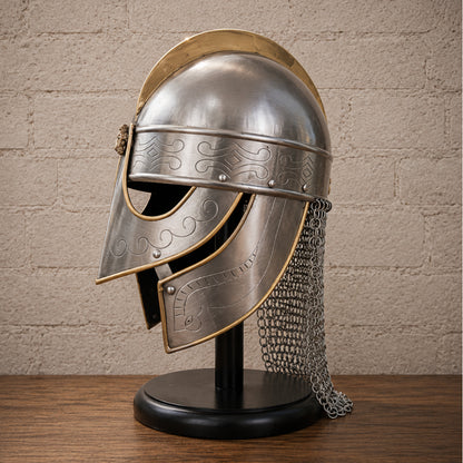 Viking Chainmail Helmet with Wooden Display Stand – Medieval Norse Warrior Armor Replica
