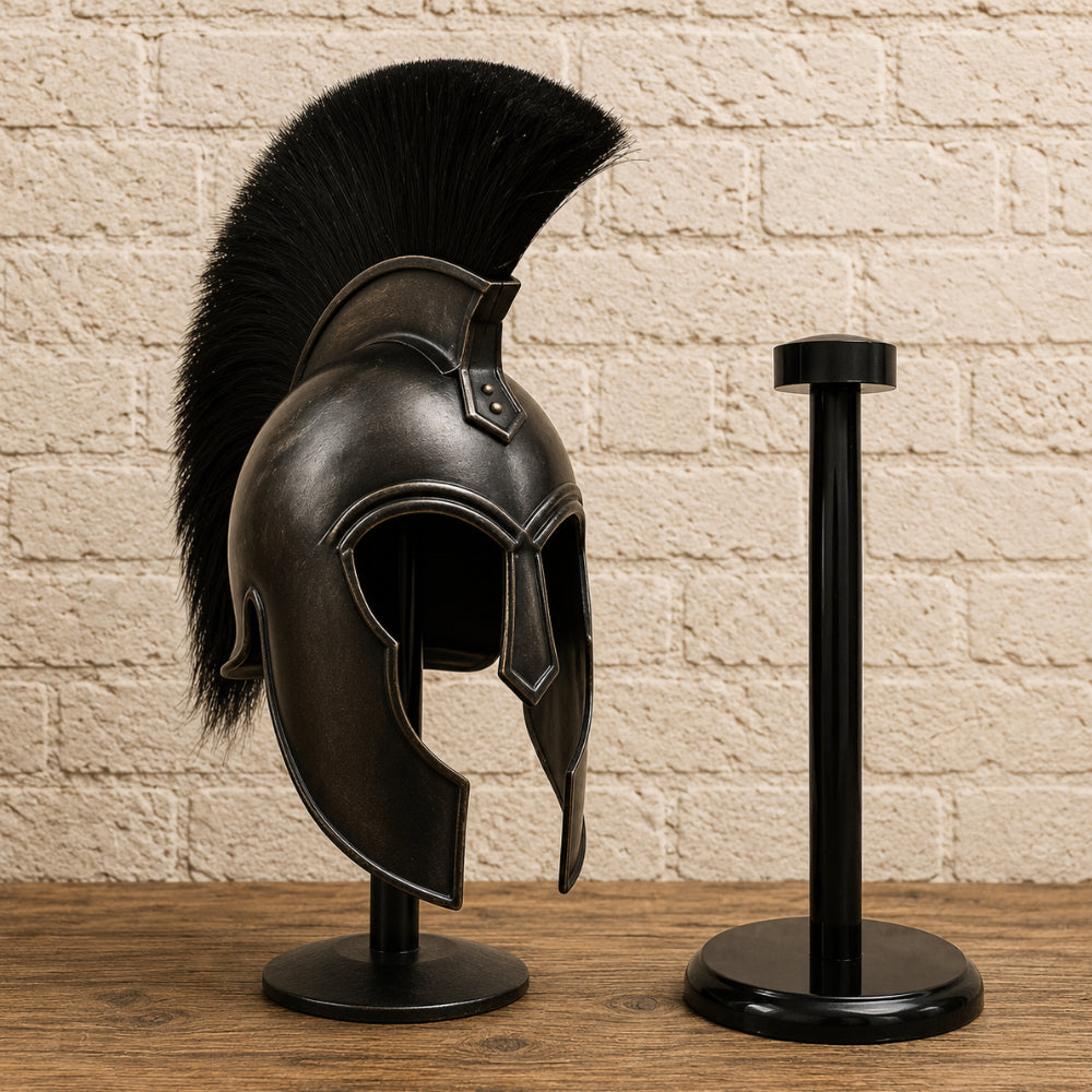 Medieval Achilles Troy Black Helmet with Wooden Display Stand