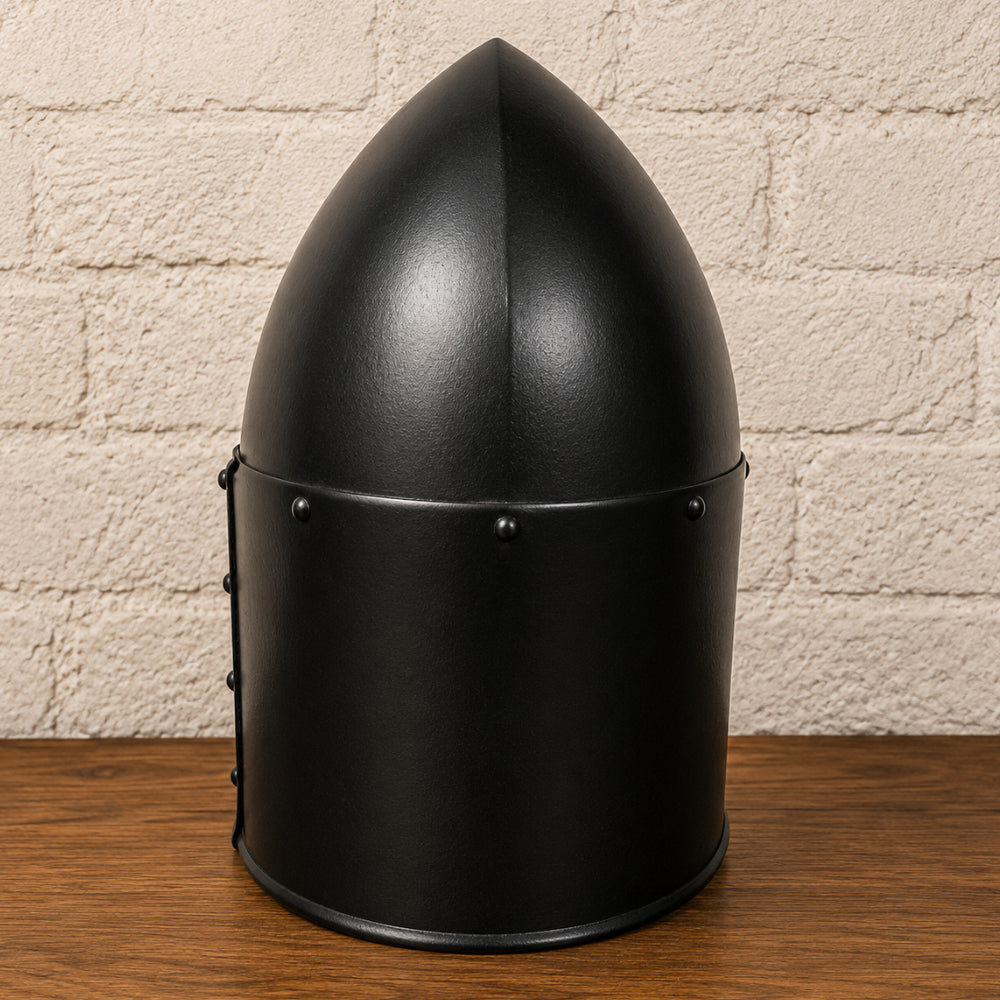 Medieval Black Sugarloaf Helmet with Wooden Display Stand – Crusader Knight Armor Helmet