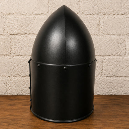 Medieval Black Sugarloaf Helmet with Wooden Display Stand – Crusader Knight Armor Helmet