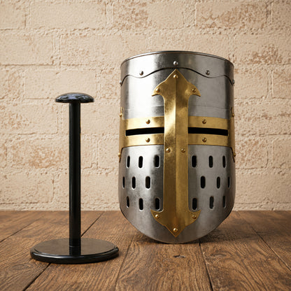 Templar Knight Helmet with Wooden Display Stand – Medieval Crusader Armor