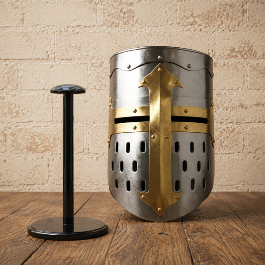 Templar Knight Helmet with Wooden Display Stand – Medieval Crusader Armor