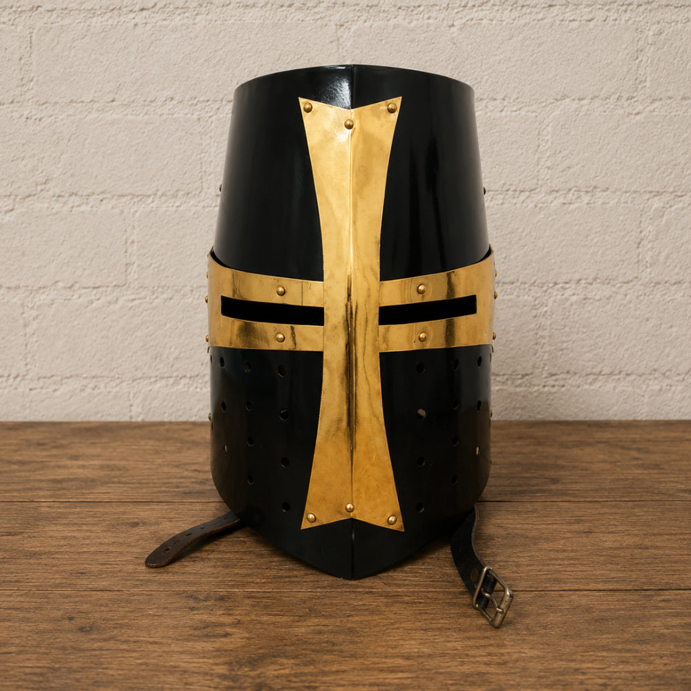 Medieval Templar Crusader Helmet with Wooden Display Stand