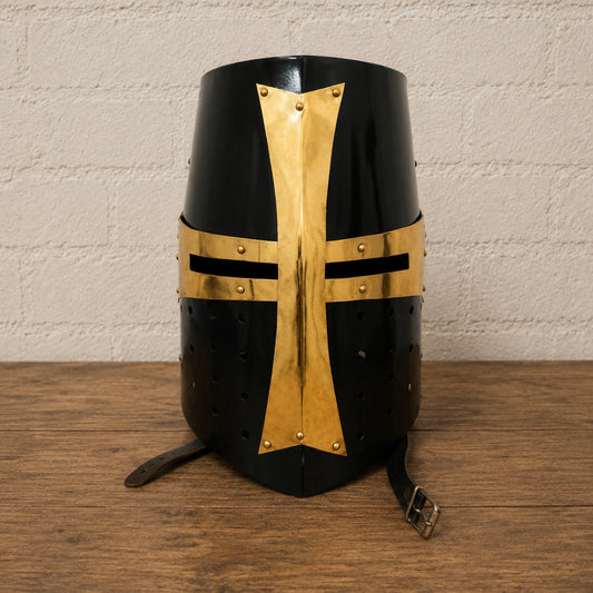 Medieval Templar Crusader Helmet with Wooden Display Stand