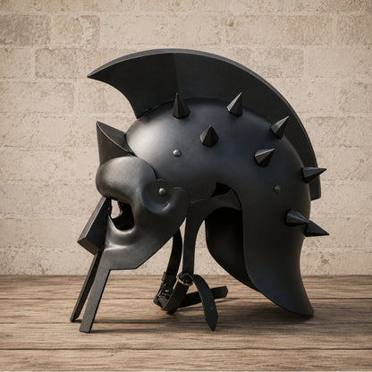 Black Spartan Gladiator Helmet with Wooden Display Stand