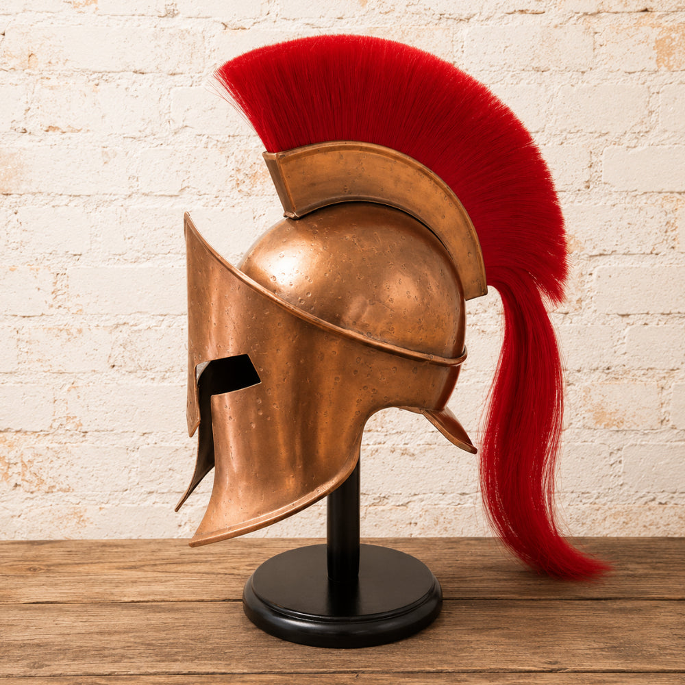 King Leonidas 300 Spartan Warrior Helmet with Red Crest & Wooden Stand