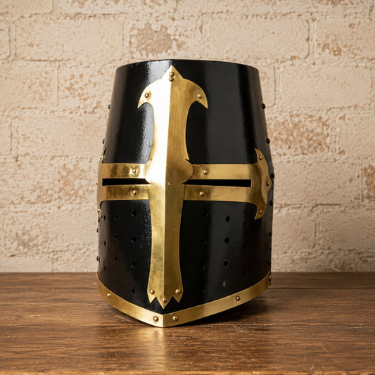 Templar Crusader Knight Helmet – Black Medieval Great Helm with Brass Accents & Display Stand
