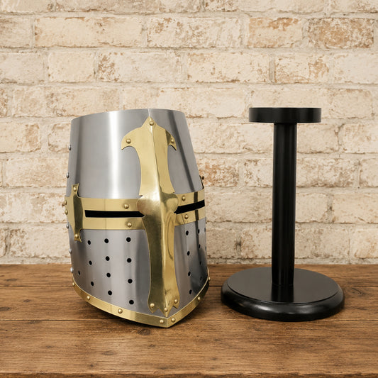 Medieval Brass Templar Crusader Helmet with Wooden Display Stand – Decorative Collectible Gift