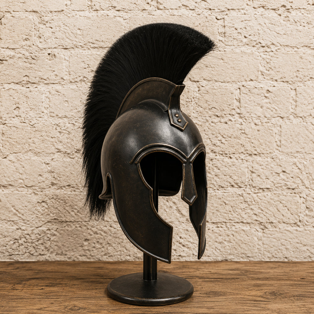 Medieval Achilles Troy Black Helmet with Wooden Display Stand