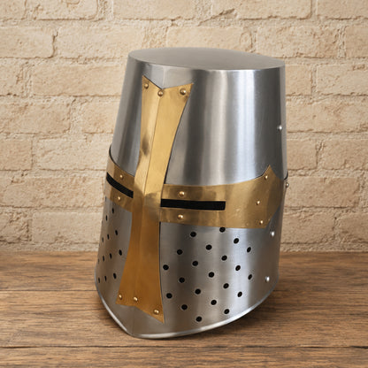 Templar Crusader Knight Helmet – Medieval Steel Armor with Wooden Display Stand
