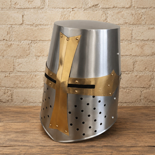 Templar Crusader Knight Helmet – Medieval Steel Armor with Wooden Display Stand