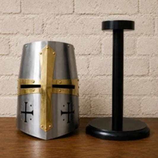 Templar Crusader Knight Helmet with Wooden Display Stand – Silver Medieval Helmet