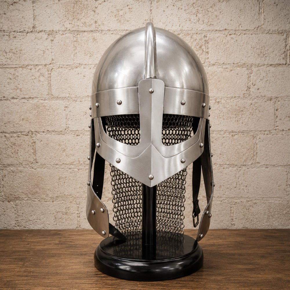 Medieval Raven Viking Helmet with Chainmail Coif & Wooden Display Stand – Norman Knight Armor Replica