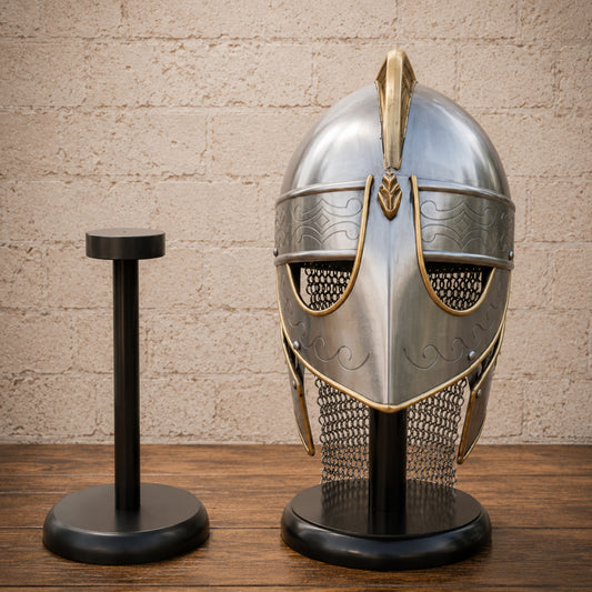 Viking Chainmail Helmet with Wooden Display Stand – Medieval Norse Warrior Armor Replica