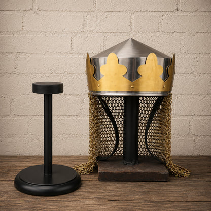 Medieval King Arthur Style Helmet with Brass-Butted Chainmail and Wooden Display Stand