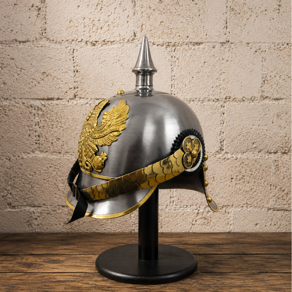 German Pickelhaube Helmet with Wooden Display Stand – Historic Military Replica