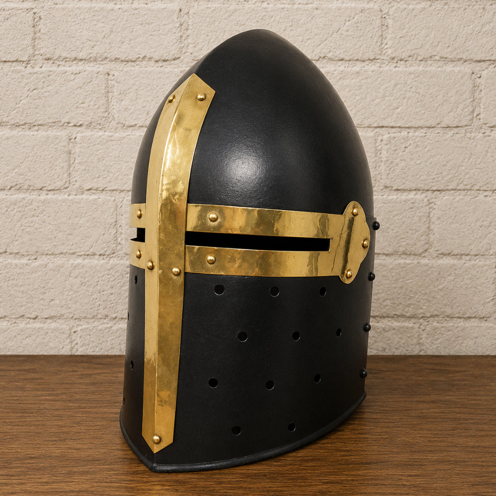Medieval Black Sugarloaf Helmet with Wooden Display Stand – Crusader Knight Armor Helmet