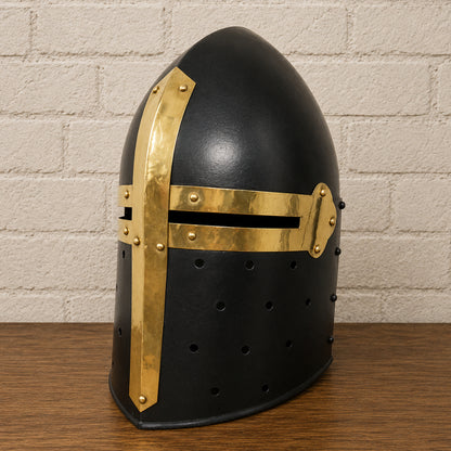 Medieval Black Sugarloaf Helmet with Wooden Display Stand – Crusader Knight Armor Helmet