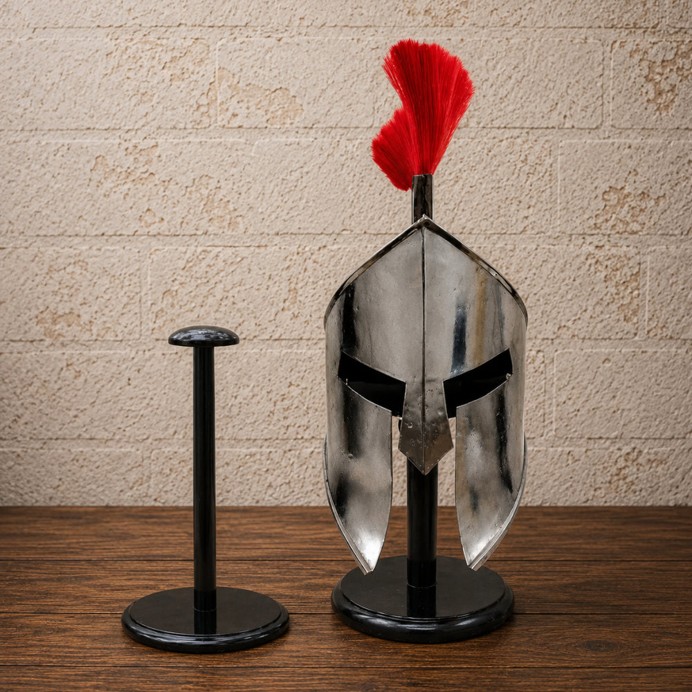 King Leonidas Spartan Helmet with Red Crest Plume – Greek Warrior Armor Replica & Wooden Stand