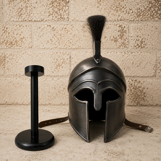 Greek Corinthian Helmet Replica with Wooden Display Stand – Ancient Warrior Armor Collectible