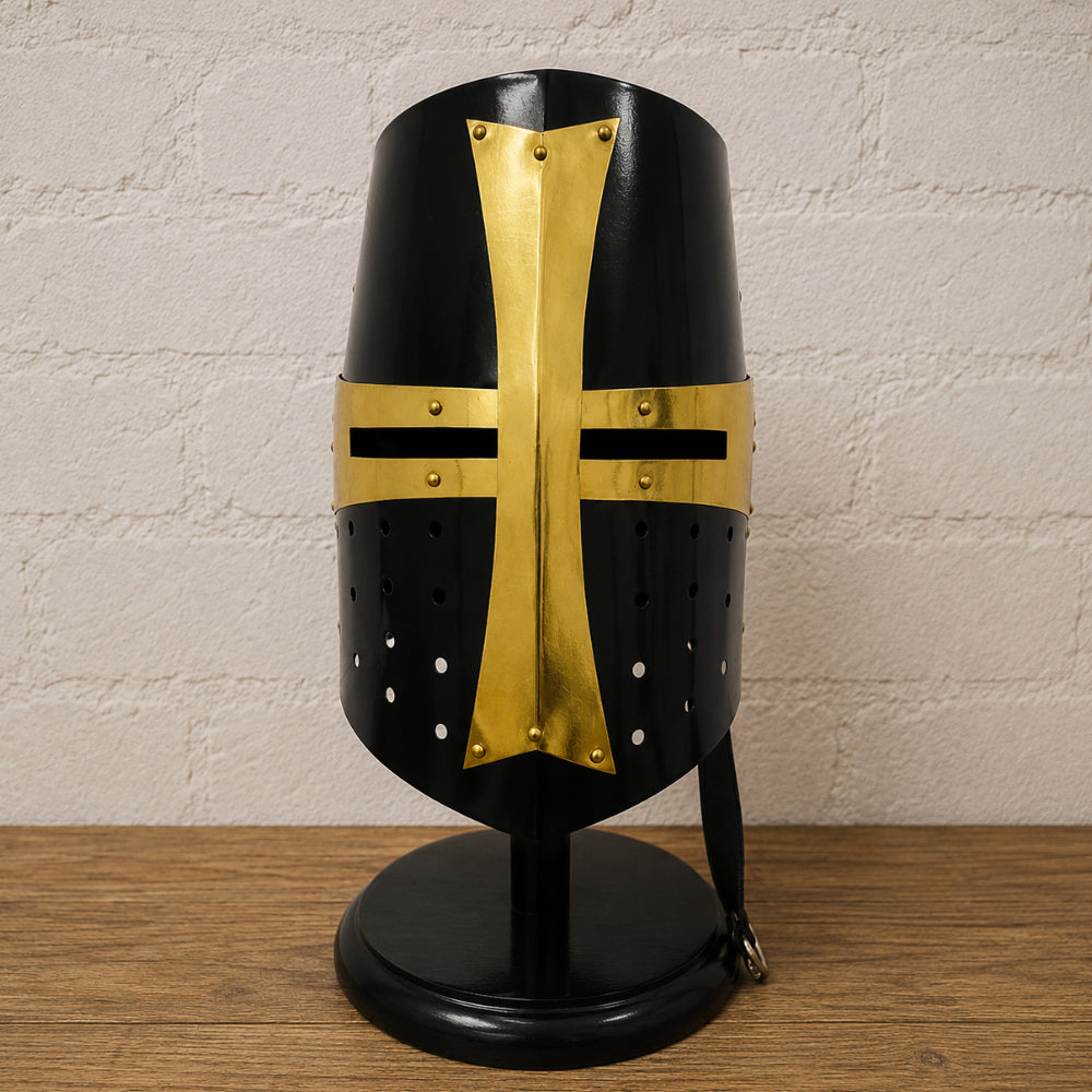 Medieval Templar Crusader Helmet with Wooden Display Stand