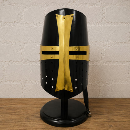 Medieval Templar Crusader Helmet with Wooden Display Stand