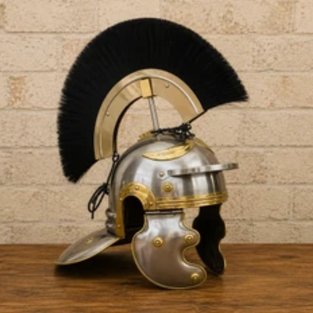 Roman Gladiator Helmet with Black Plume & Wooden Display Stand