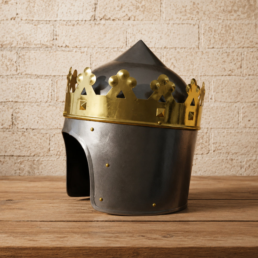 King Richard the Lionheart Helmet with Wooden Display Stand – Medieval Crusader Armor Replica