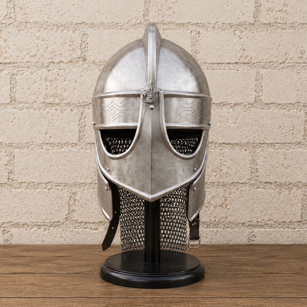 Medieval Knights Templar Barbuta Helmet with Visor and Wooden Display Stand