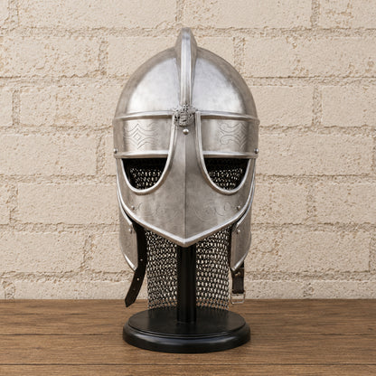Medieval Knights Templar Barbuta Helmet with Visor and Wooden Display Stand