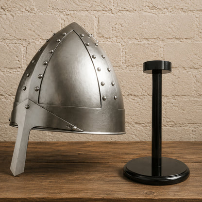 Medieval Norman Warrior Helmet with Nasal Guard and Wooden Display Stand