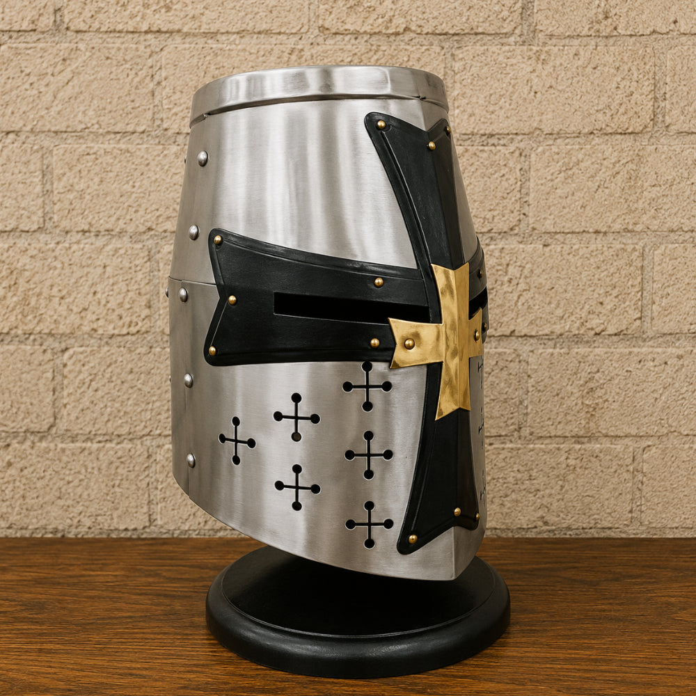 Crusader Templar Knight Helmet in Silver Steel with Black Cross & Wooden Display Stand