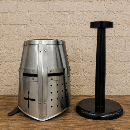 Medieval Knight Helmet with Wooden Display Stand – Silver Armor Replica
