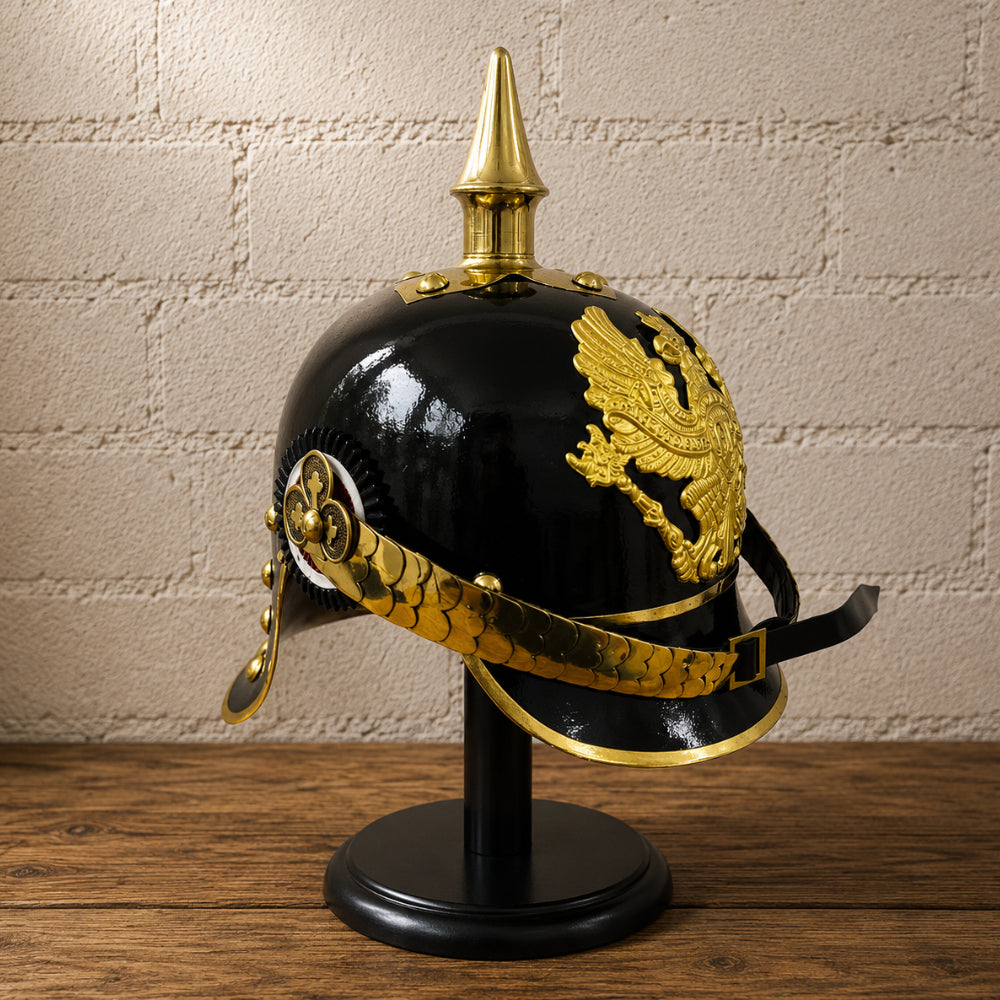 German Pickelhaube Black Officer Helmet with Wooden Display Stand
