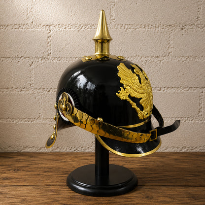 German Pickelhaube Black Officer Helmet with Wooden Display Stand